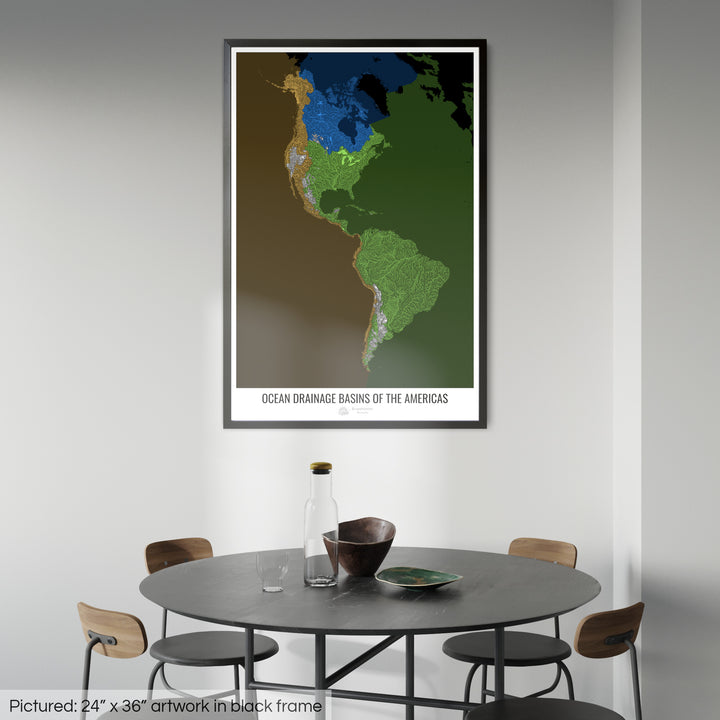 The Americas - Ocean drainage basin map, black v2 - Framed Print