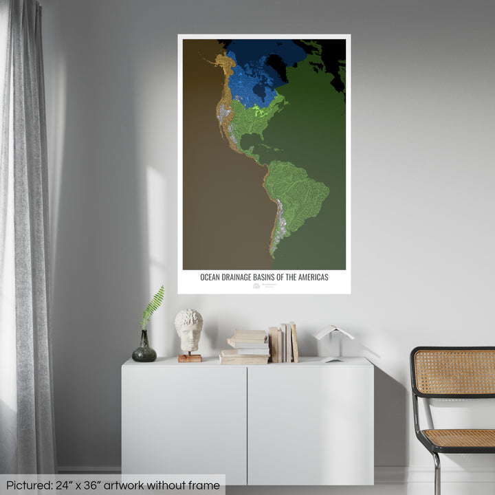Les Amériques - Carte des bassins hydrographiques océaniques, noir v2 - Tirage photo d'art