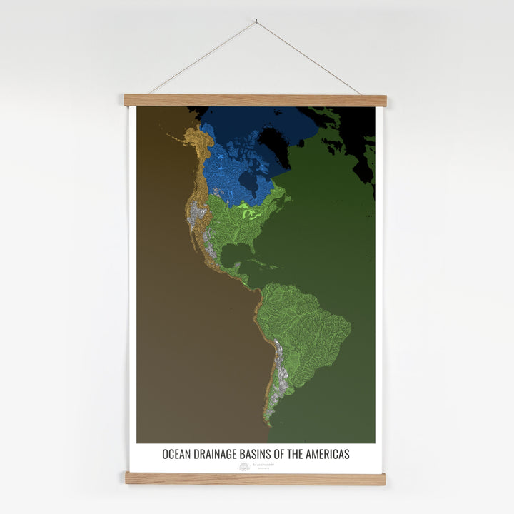 The Americas - Ocean drainage basin map, black v2 - Fine Art Print with Hanger