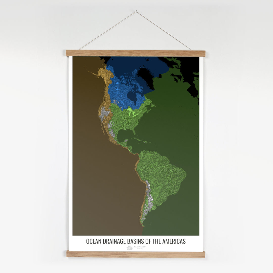 América - Mapa de la cuenca hidrográfica del océano, negro v2 - Impresión artística con percha