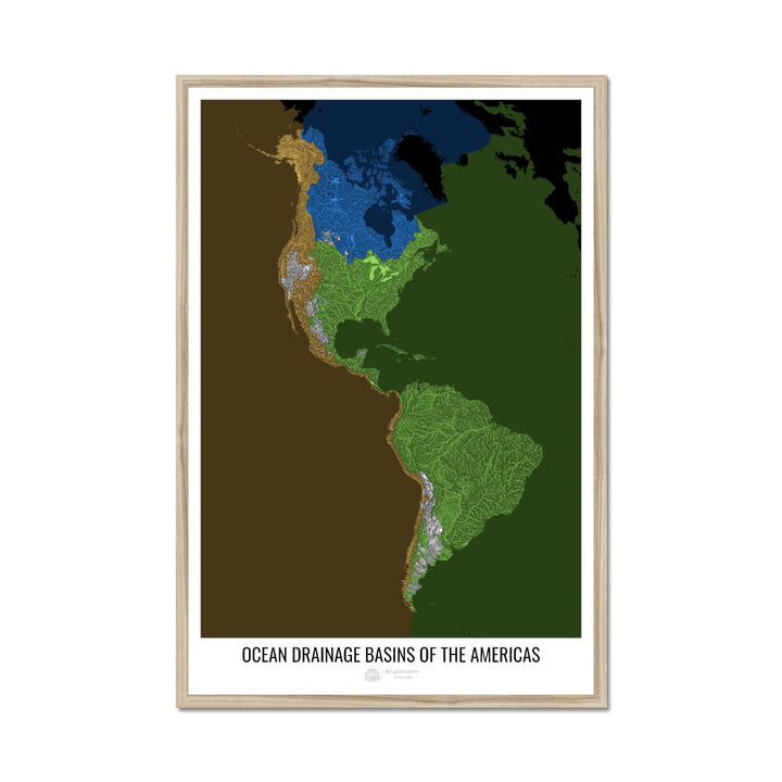 The Americas - Ocean drainage basin map, black v2 - Framed Print