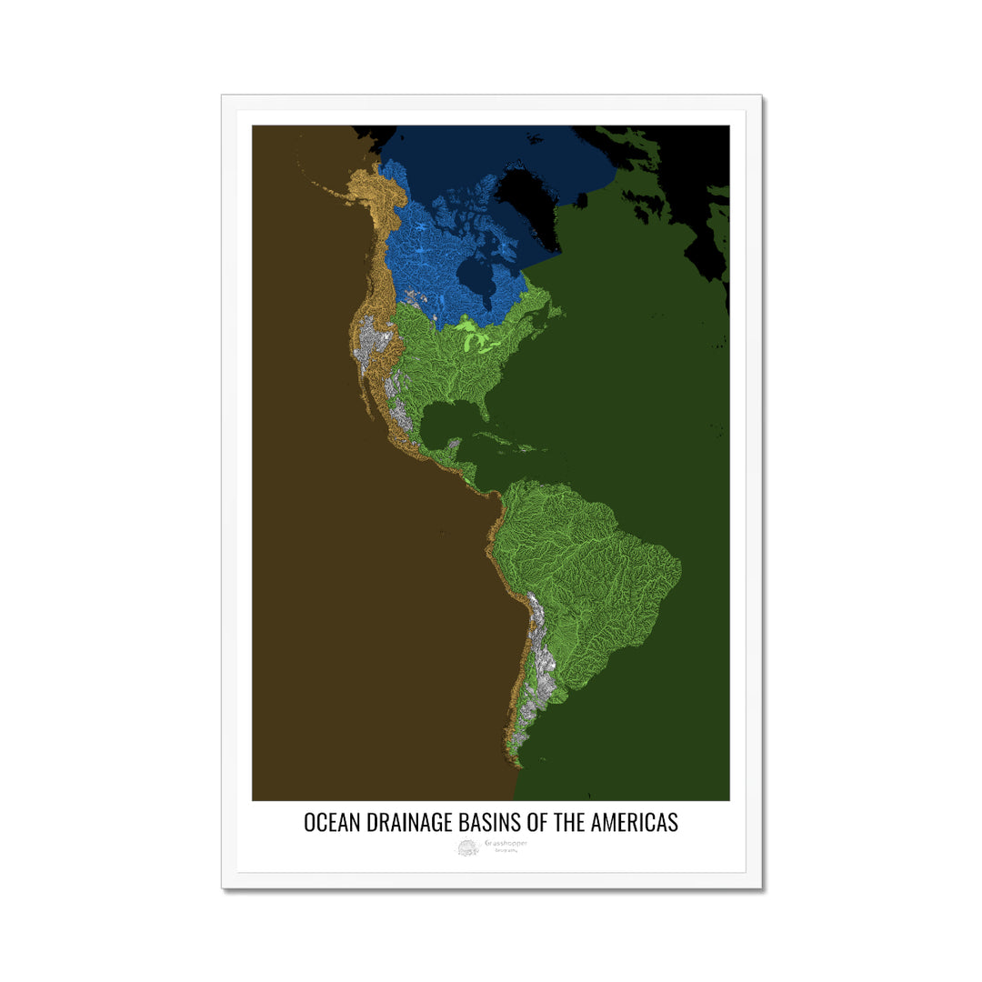 The Americas - Ocean drainage basin map, black v2 - Framed Print