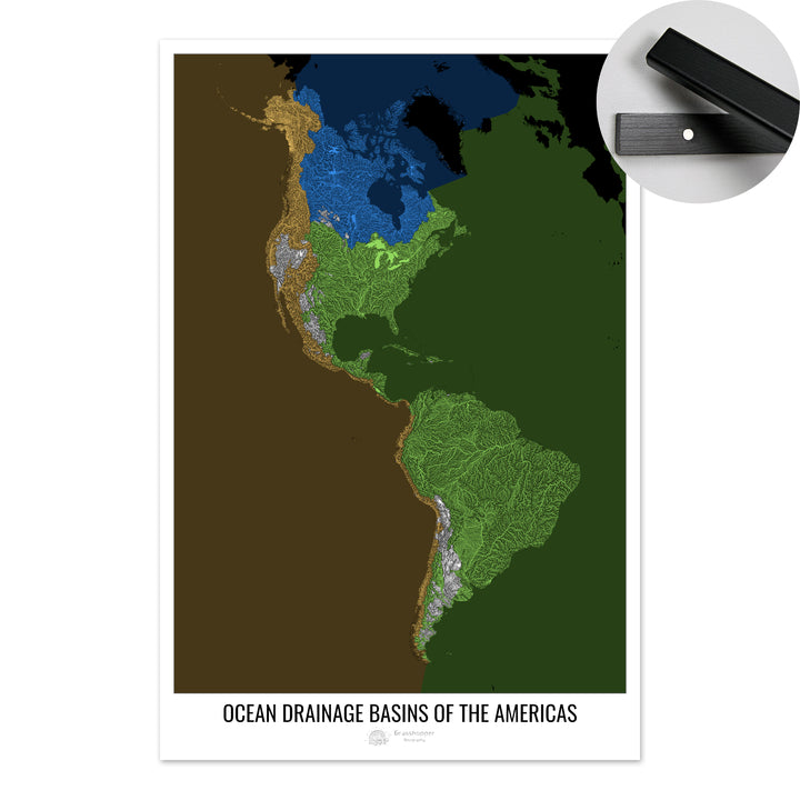 América - Mapa de la cuenca hidrográfica del océano, negro v2 - Impresión artística con percha