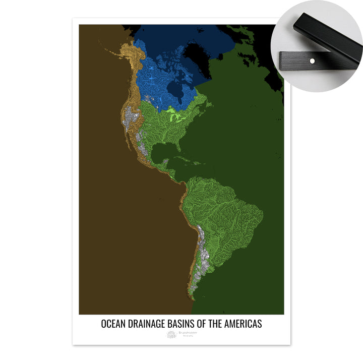 The Americas - Ocean drainage basin map, black v2 - Fine Art Print with Hanger