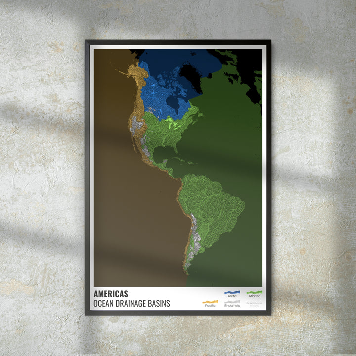 Les Amériques - Carte des bassins hydrographiques océaniques, noire avec légende v2 - Photo Art Print