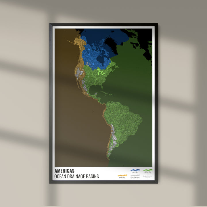 América - Mapa de la cuenca hidrográfica del océano, negro con leyenda v2 - Impresión de bellas artes