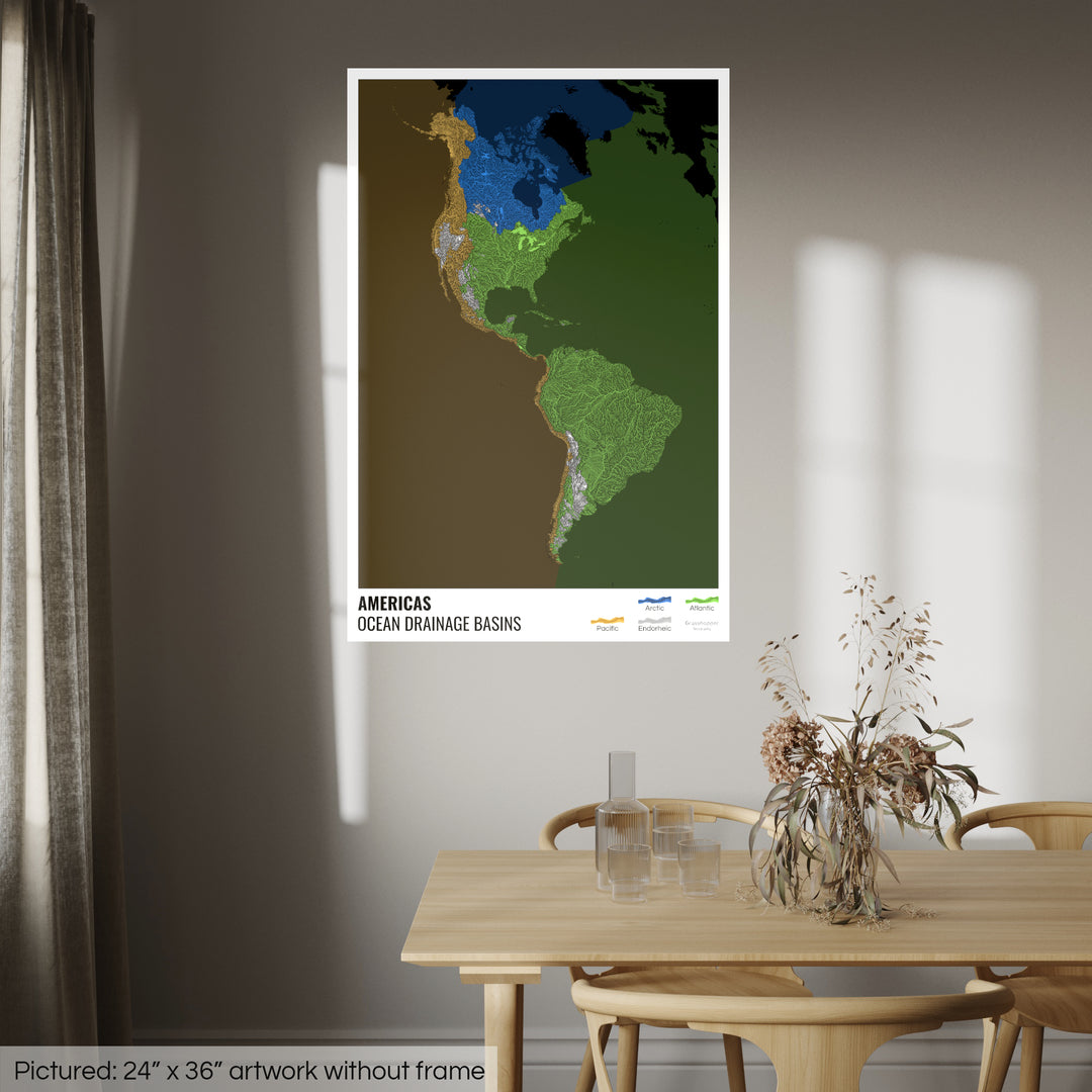 Les Amériques - Carte des bassins hydrographiques océaniques, noire avec légende v2 - Photo Art Print