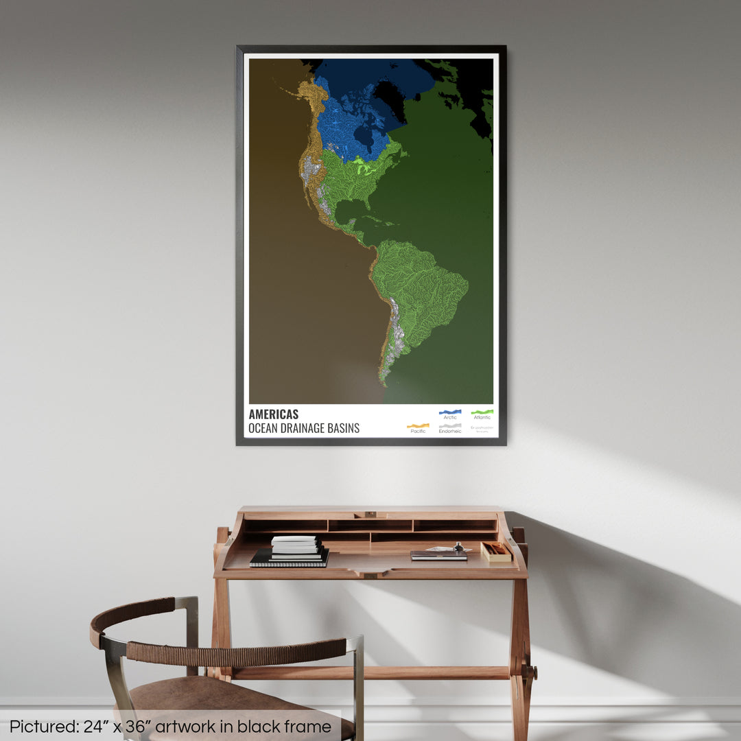 The Americas - Ocean drainage basin map, black with legend v2 - Framed Print