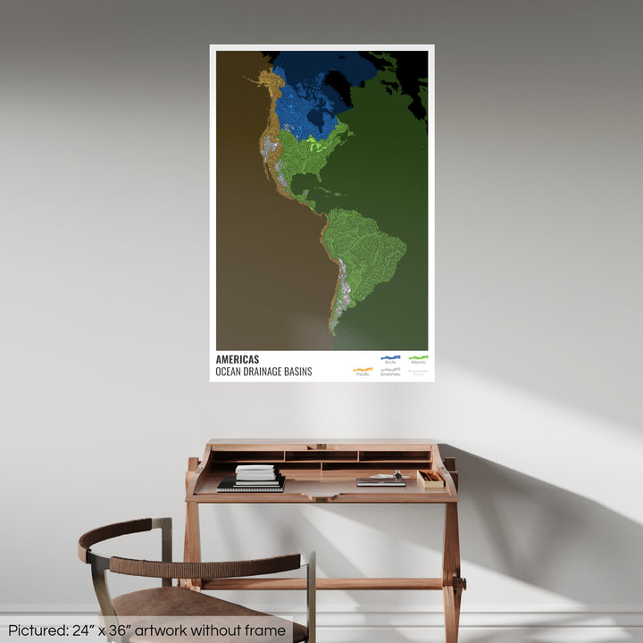 The Americas - Ocean drainage basin map, black with legend v2 - Fine Art Print