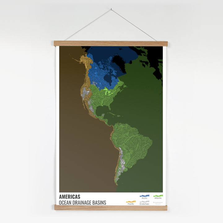 Les Amériques - Carte des bassins versants océaniques, noire avec légende v2 - Tirage d'art avec cintre