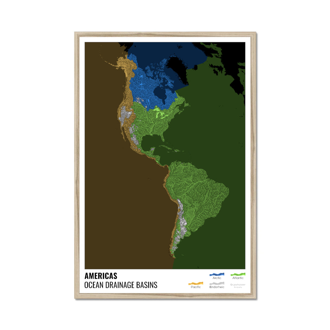 The Americas - Ocean drainage basin map, black with legend v2 - Framed Print