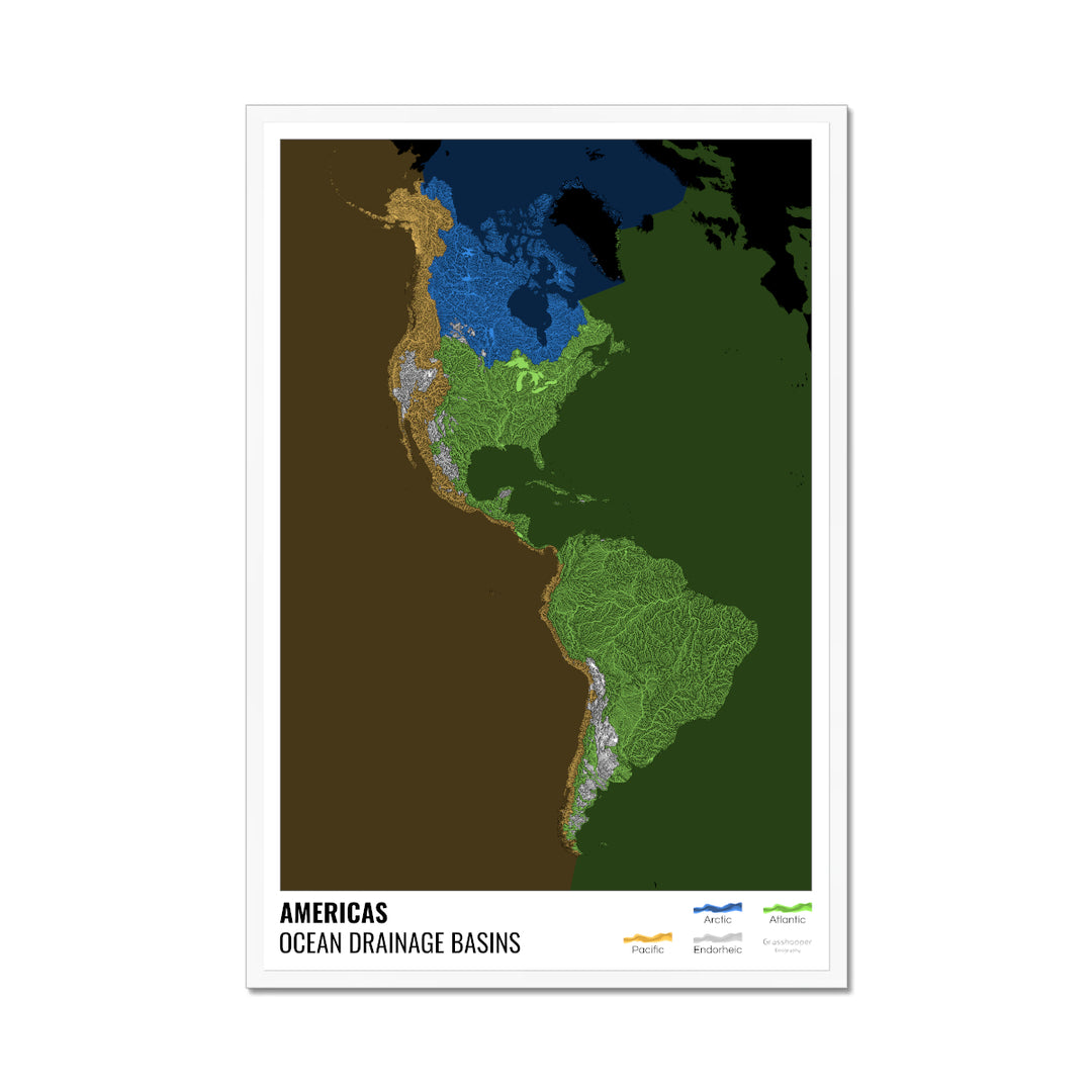 Les Amériques - Carte des bassins versants océaniques, noire avec légende v2 - Impression encadrée