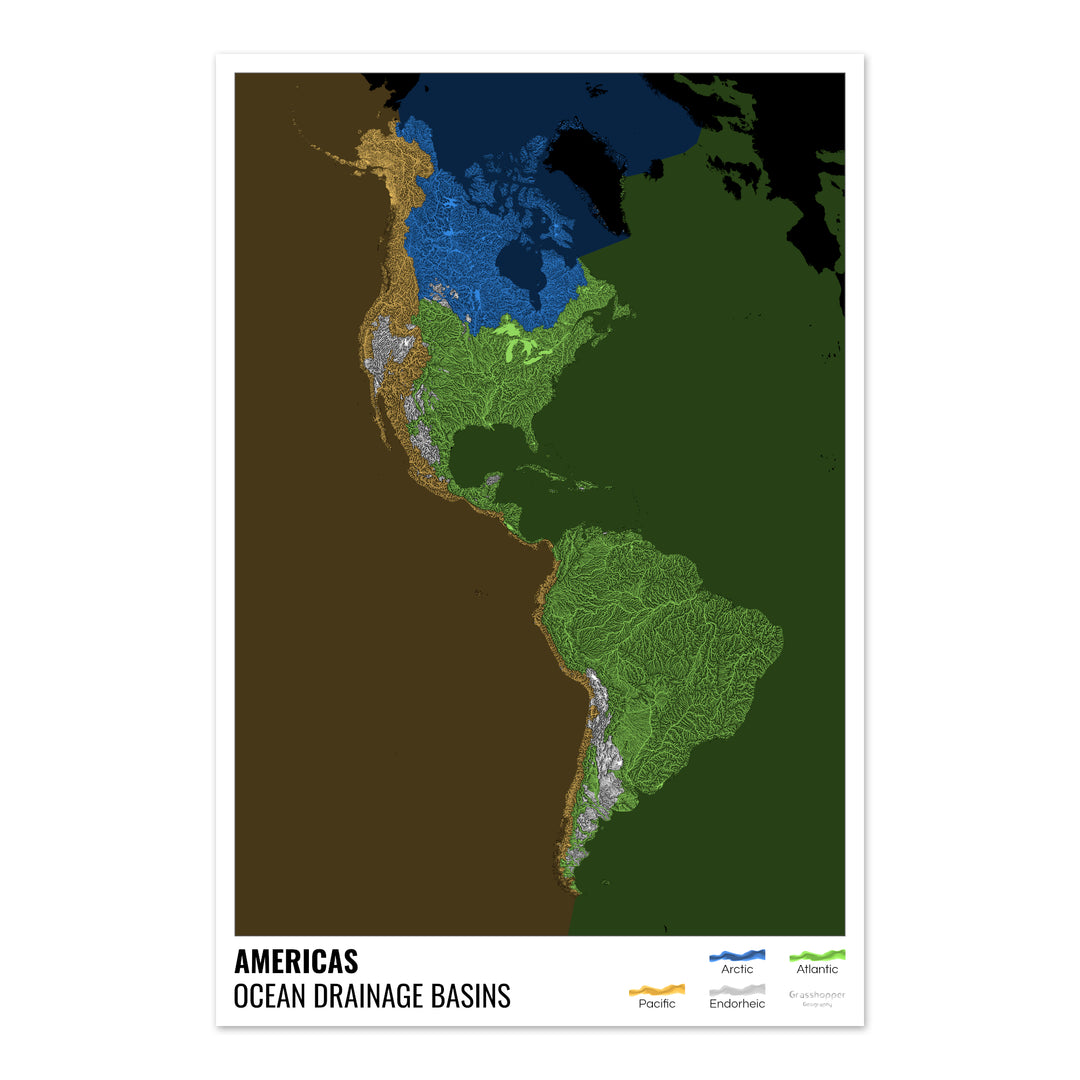 América - Mapa de la cuenca hidrográfica del océano, negro con leyenda v2 - Impresión de bellas artes