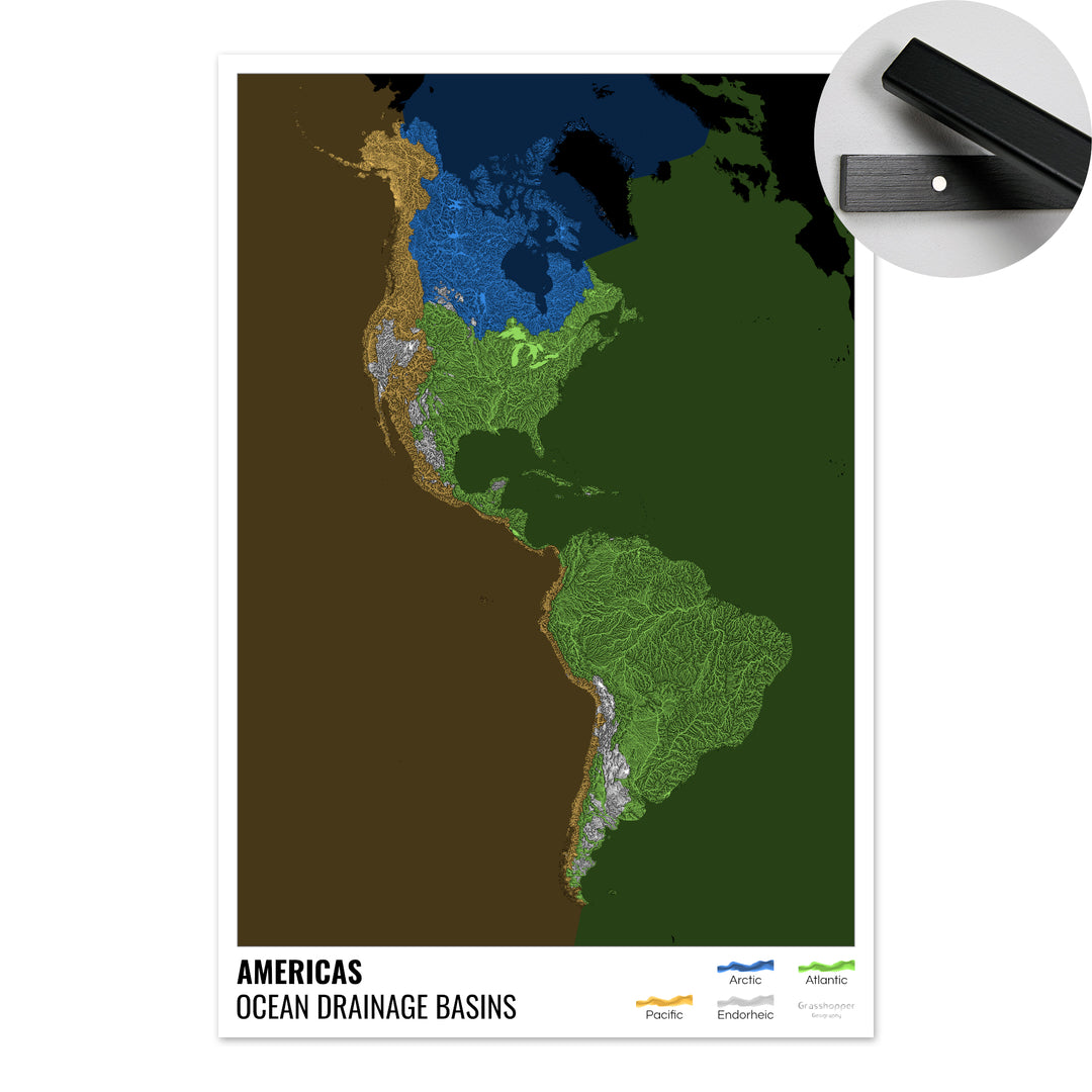 Les Amériques - Carte des bassins versants océaniques, noire avec légende v2 - Tirage d'art avec cintre
