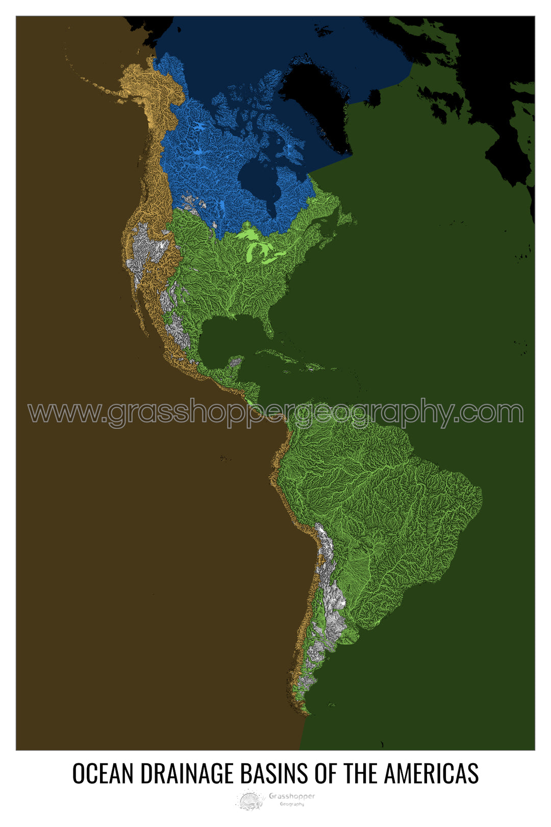 América - Mapa de la cuenca de drenaje oceánico, negro v2 - Impresión de bellas artes