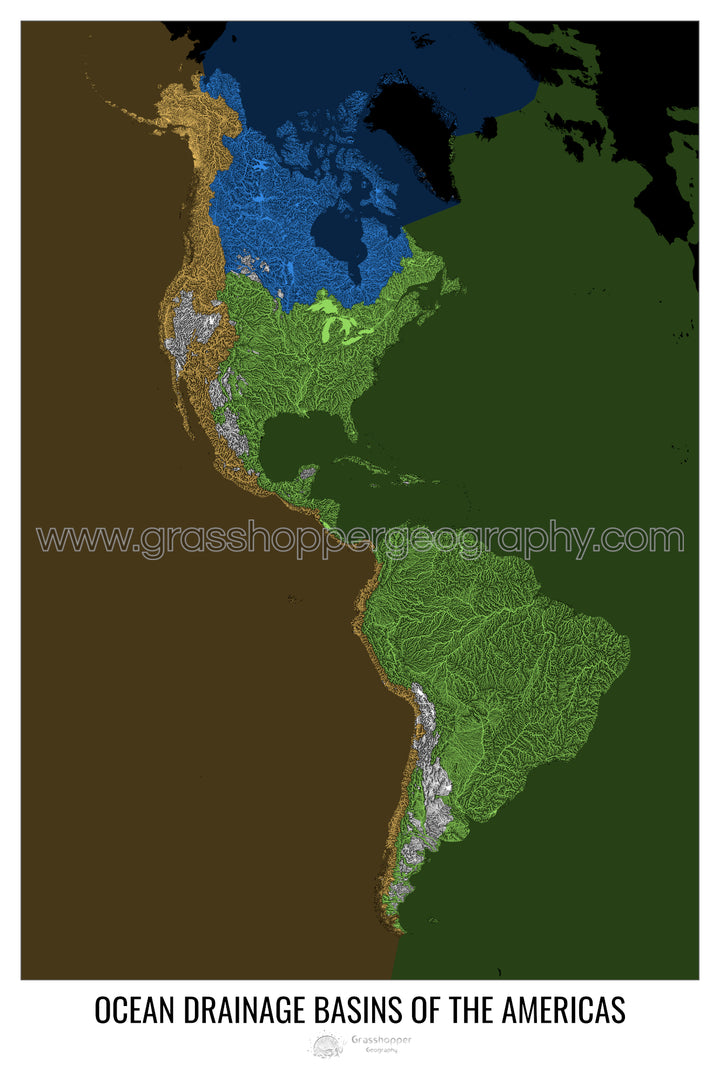 The Americas - Ocean drainage basin map, black v2 - Photo Art Print
