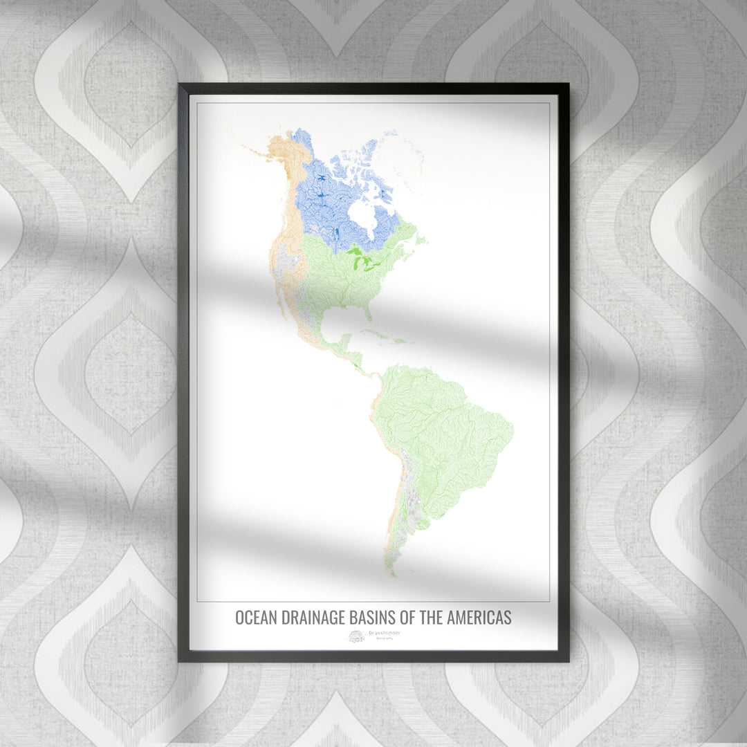 América - Mapa de la cuenca de drenaje oceánico, blanco v1 - Impresión de bellas artes