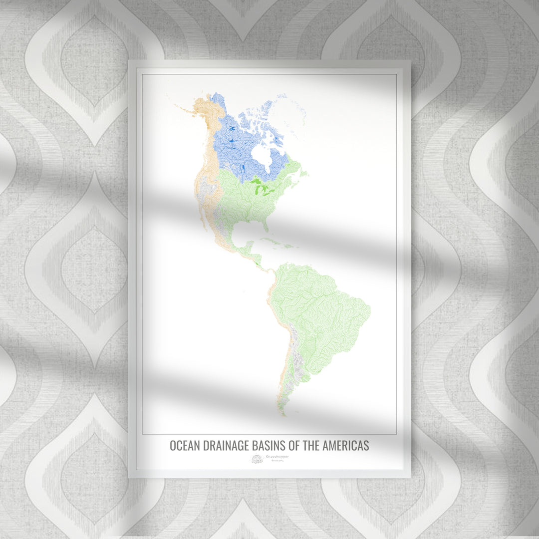Les Amériques - Carte des bassins hydrographiques océaniques, blanc v1 - Photo Art Print