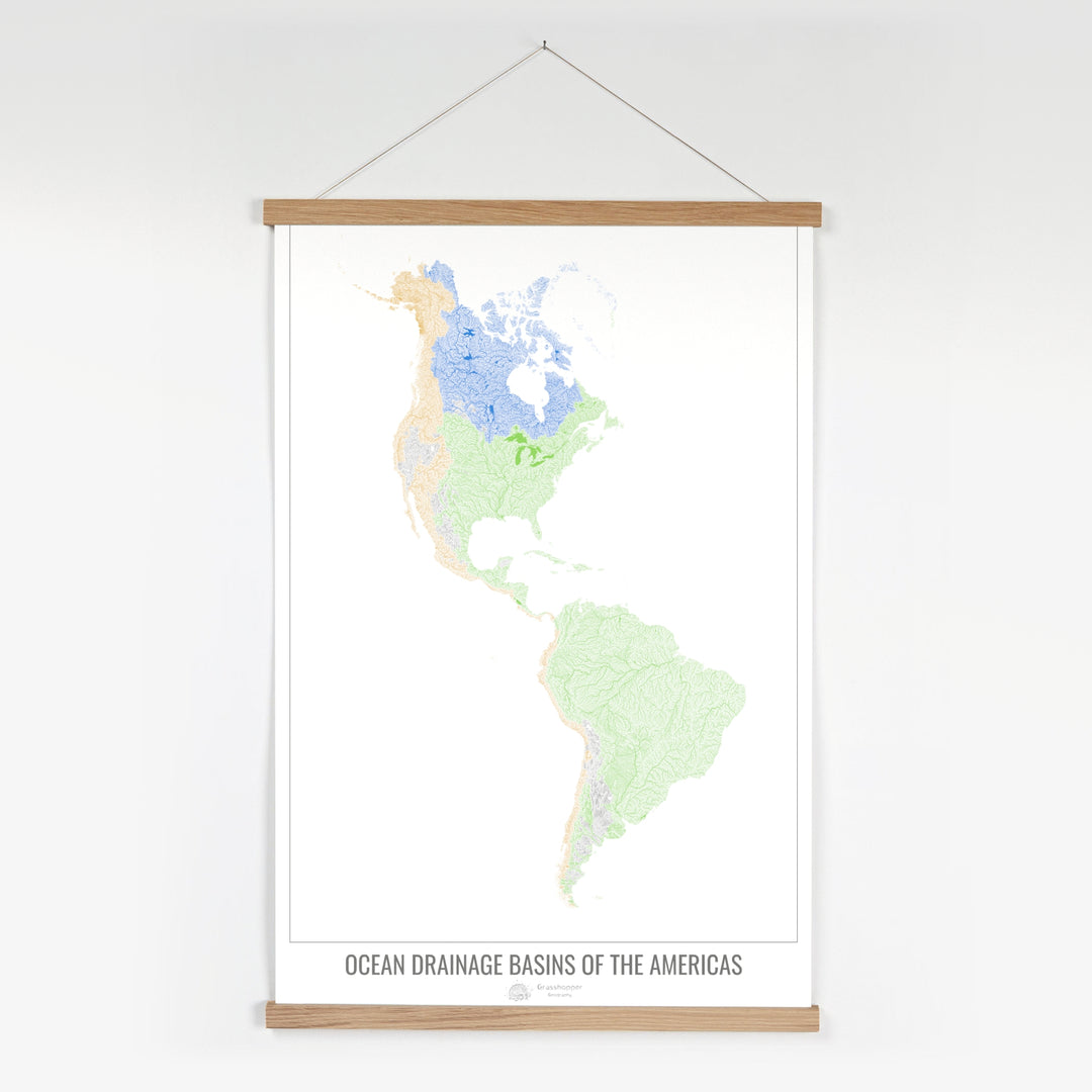 América - Mapa de la cuenca hidrográfica del océano, blanco v1 - Impresión artística con colgador