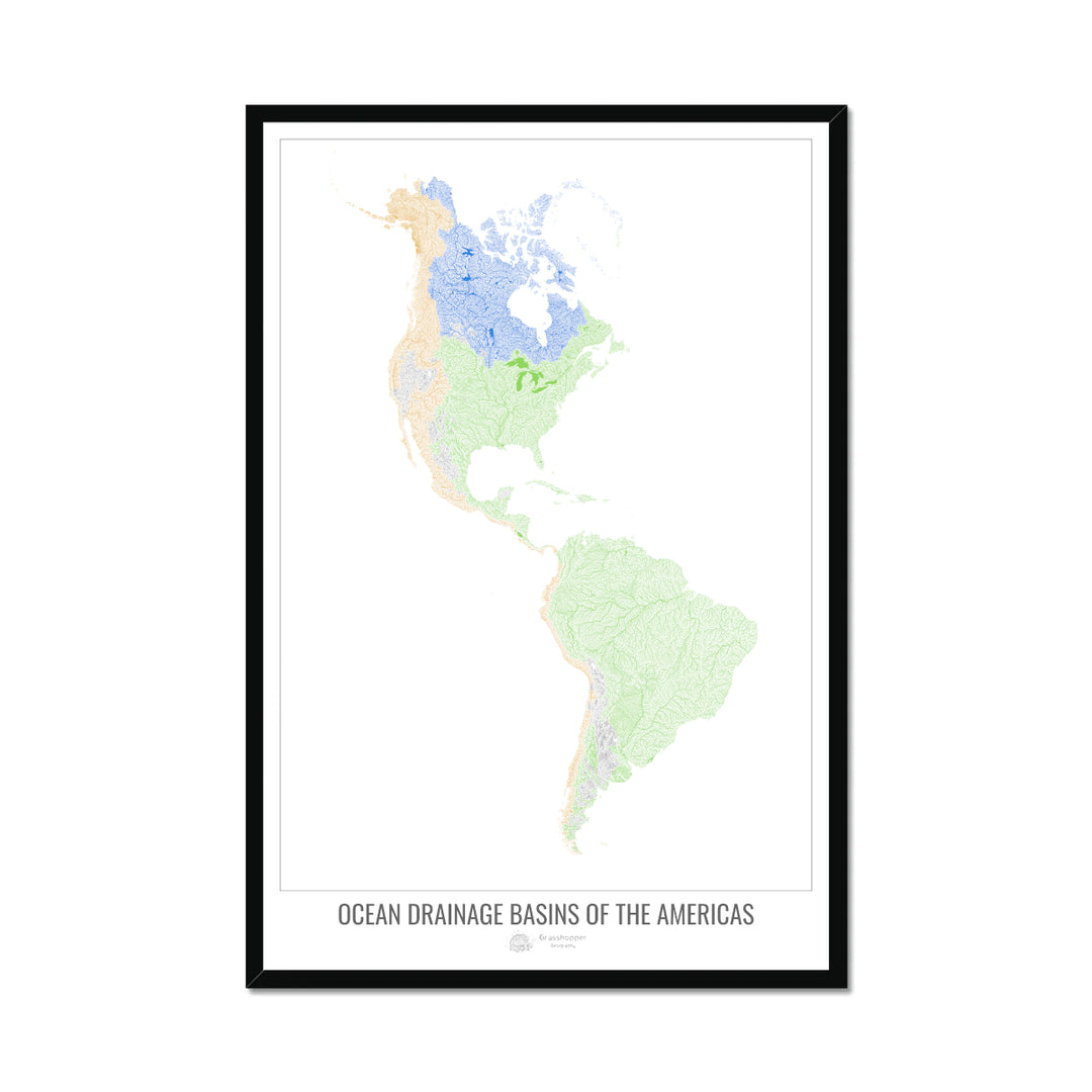 América - Mapa de la cuenca hidrográfica del océano, blanco v1 - Lámina enmarcada