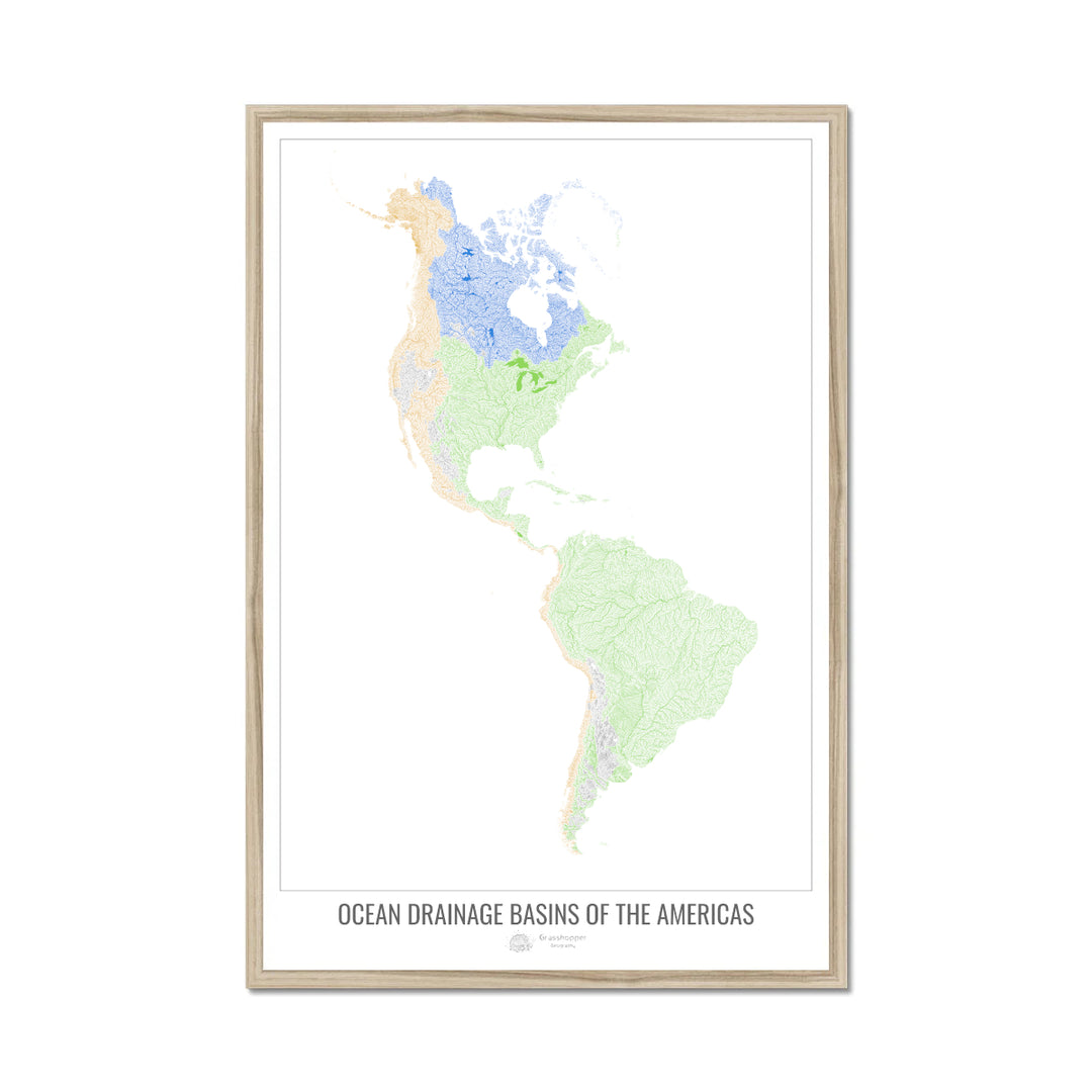The Americas - Ocean drainage basin map, white v1 - Framed Print