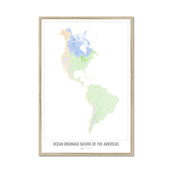 Les Amériques - Carte des bassins versants océaniques, blanc v1 - Impression encadrée