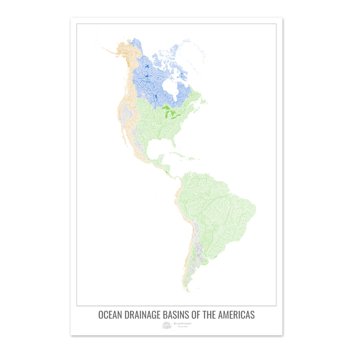 América - Mapa de la cuenca de drenaje oceánico, blanco v1 - Impresión de bellas artes