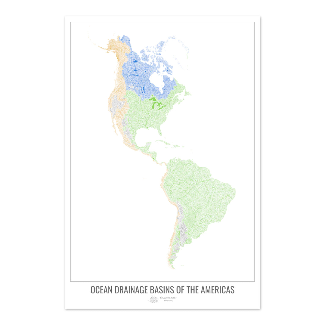 América - Mapa de la cuenca hidrográfica del océano, blanco v1 - Impresión fotográfica