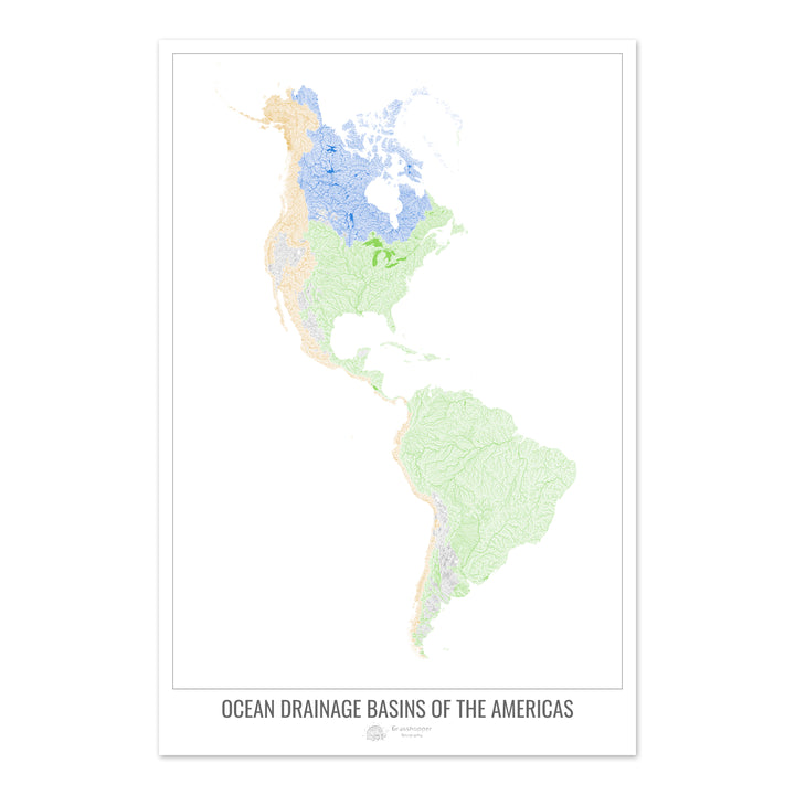 América - Mapa de la cuenca hidrográfica del océano, blanco v1 - Impresión fotográfica