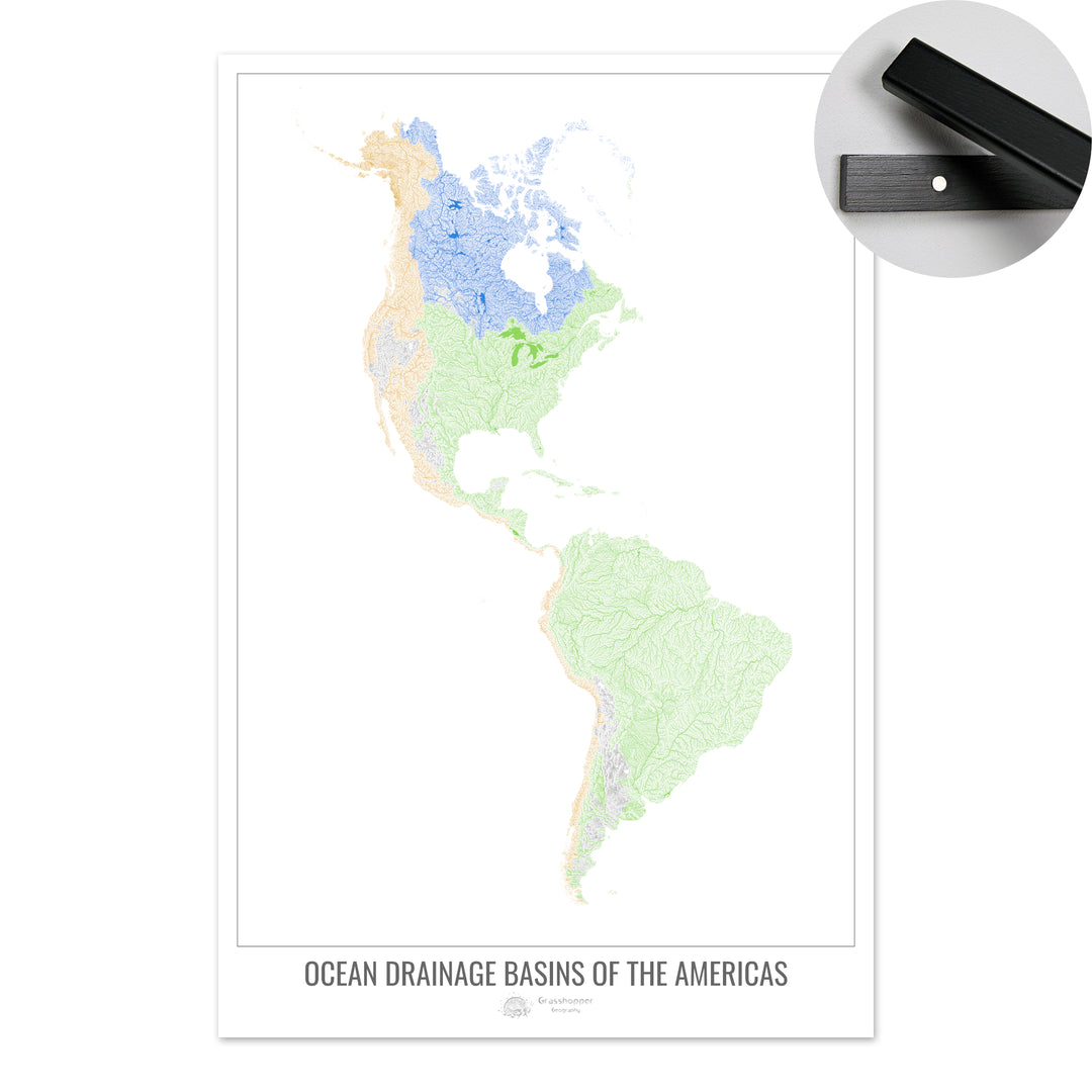 América - Mapa de la cuenca hidrográfica del océano, blanco v1 - Impresión artística con colgador