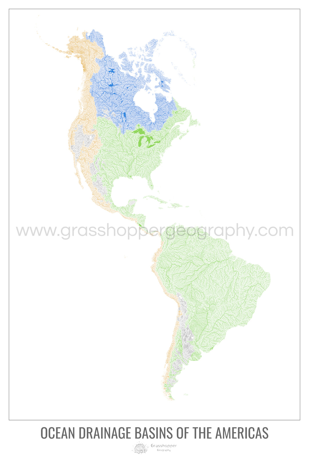 Les Amériques - Carte des bassins hydrographiques océaniques, blanc v1 - Photo Art Print