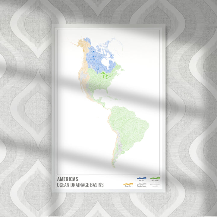 The Americas - Ocean drainage basin map, white with legend v1 - Fine Art Print