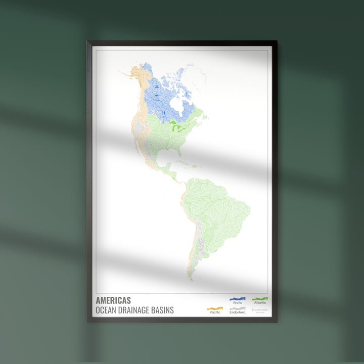 Les Amériques - Carte des bassins hydrographiques océaniques, blanche avec légende v1 - Photo Art Print