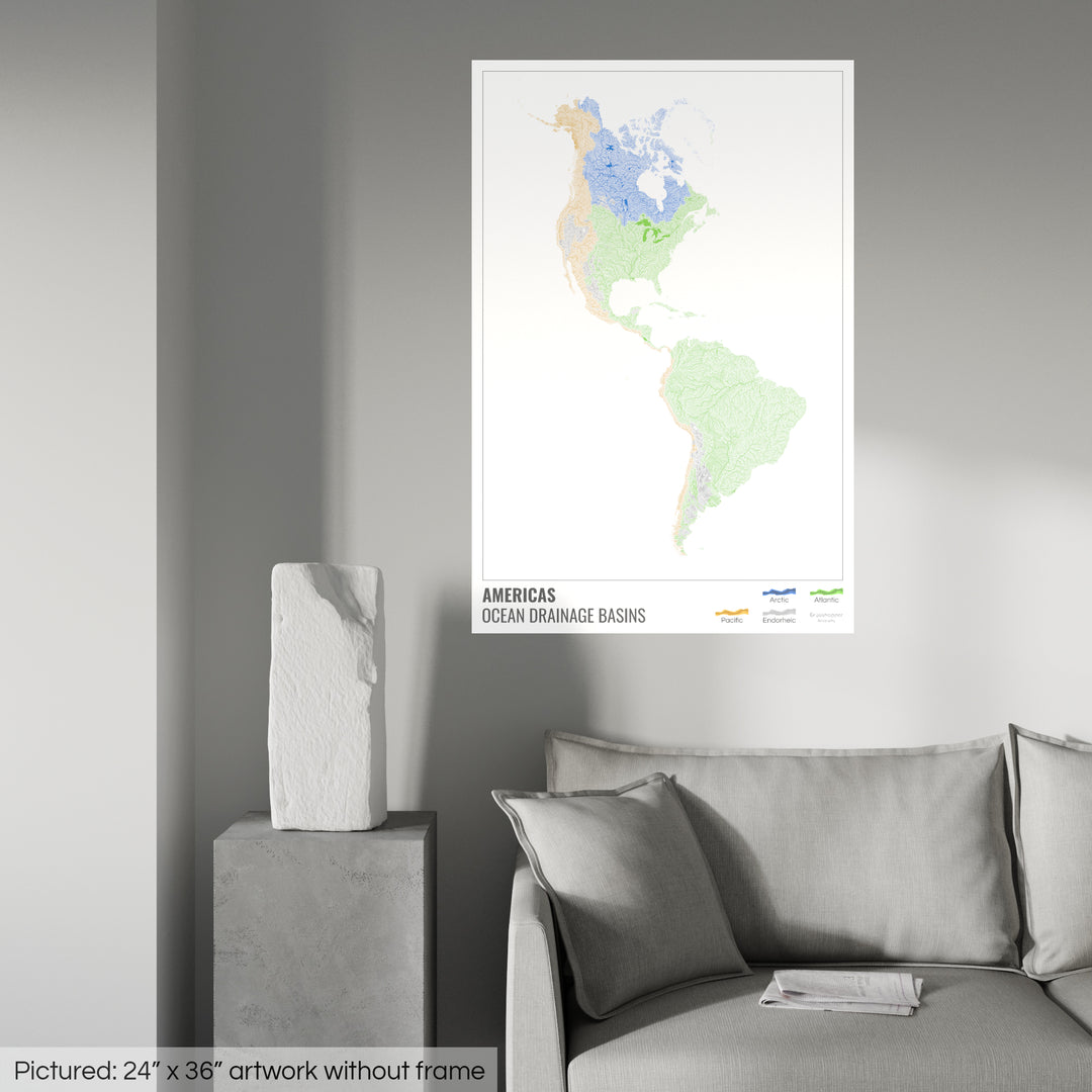 América - Mapa de la cuenca hidrográfica del océano, blanco con leyenda v1 - Impresión de bellas artes