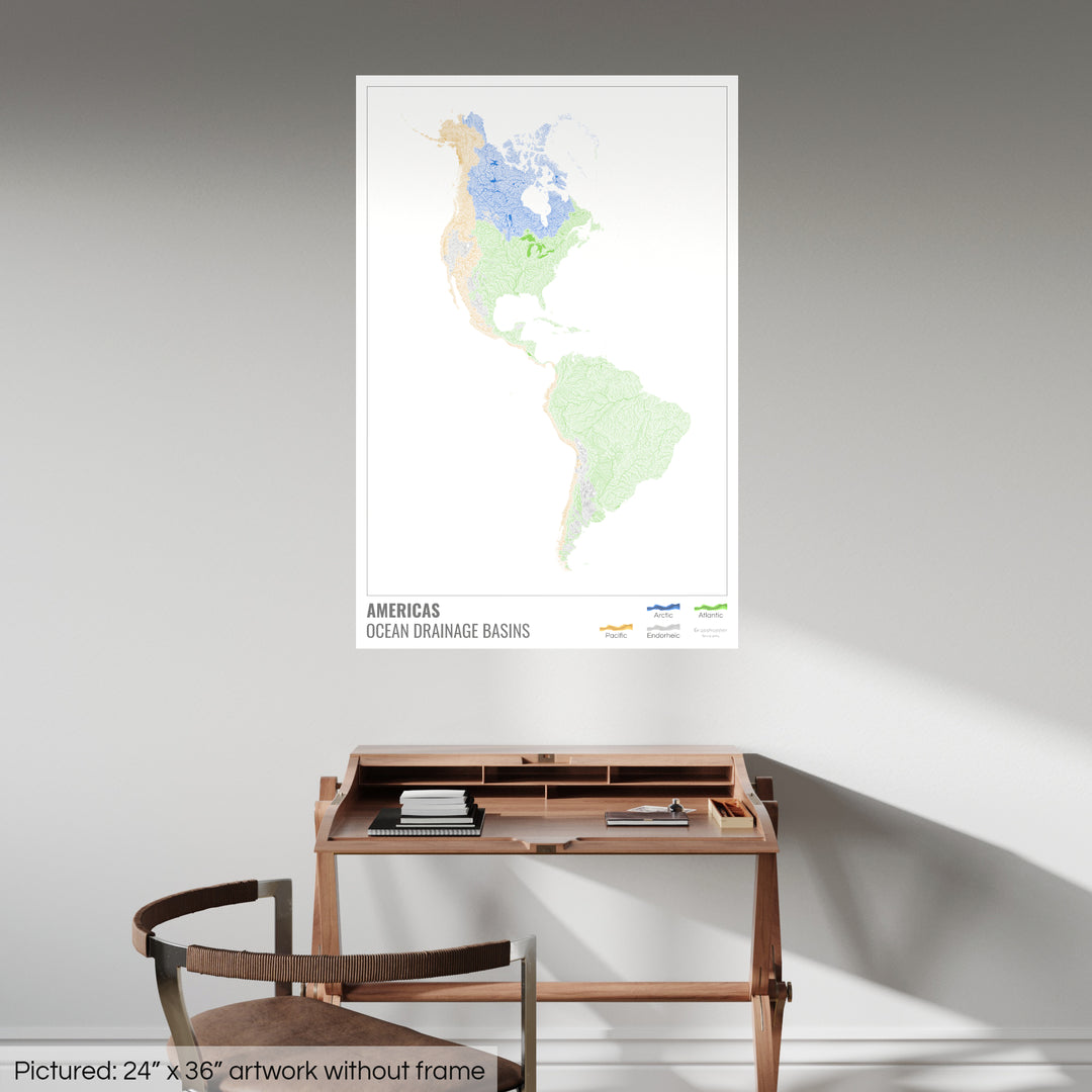 América - Mapa de la cuenca hidrográfica del océano, blanco con leyenda v1 - Impresión fotográfica