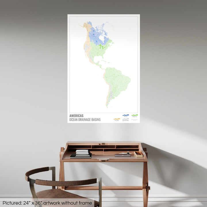 Les Amériques - Carte des bassins hydrographiques océaniques, blanche avec légende v1 - Photo Art Print