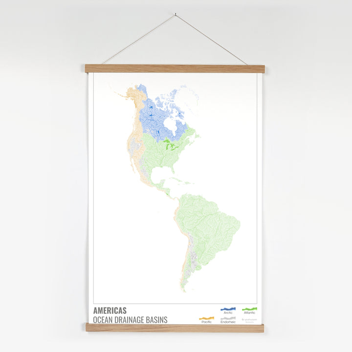 América - Mapa de la cuenca hidrográfica del océano, blanco con leyenda v1 - Impresión artística con colgador