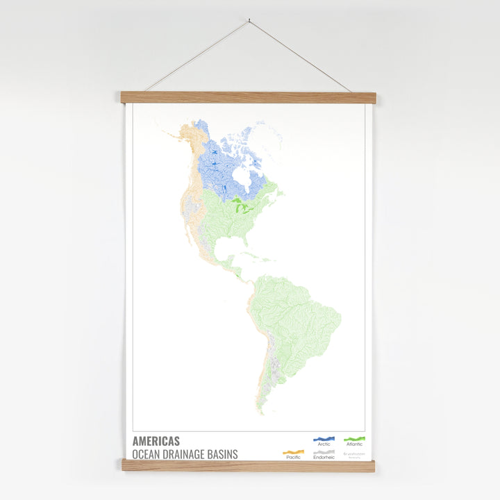 The Americas - Ocean drainage basin map, white with legend v1 - Fine Art Print with Hanger