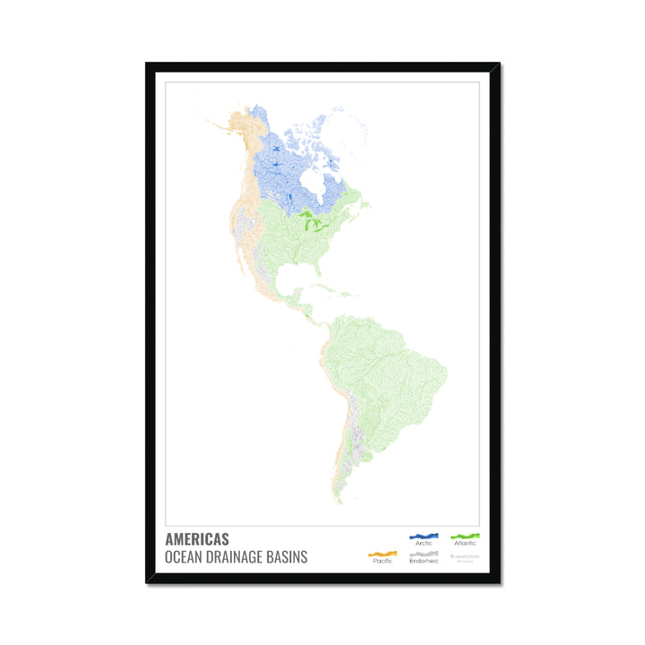 América - Mapa de la cuenca hidrográfica del océano, blanco con leyenda v1 - Lámina enmarcada