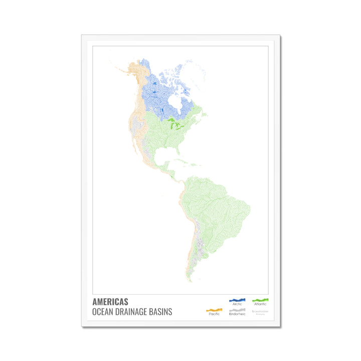 The Americas - Ocean drainage basin map, white with legend v1 - Framed Print