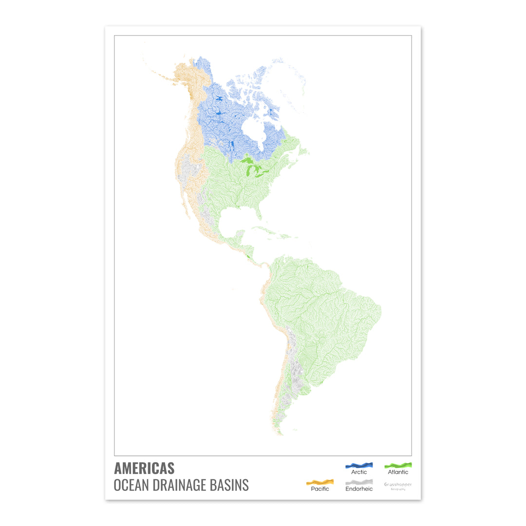 The Americas - Ocean drainage basin map, white with legend v1 - Fine Art Print