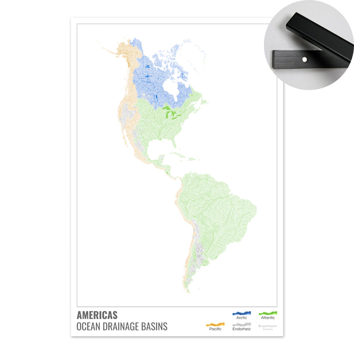 Les Amériques - Carte des bassins versants océaniques, blanche avec légende v1 - Tirage d'art avec cintre