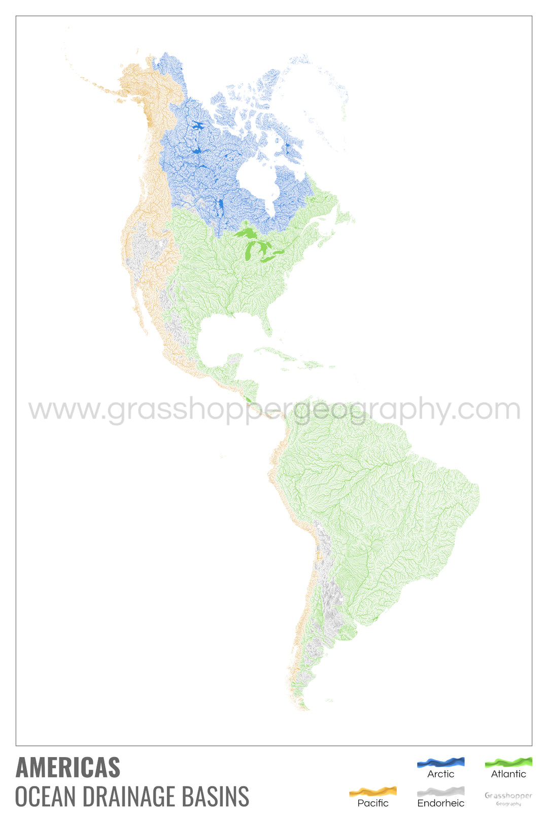 América - Mapa de la cuenca hidrográfica del océano, blanco con leyenda v1 - Impresión de bellas artes