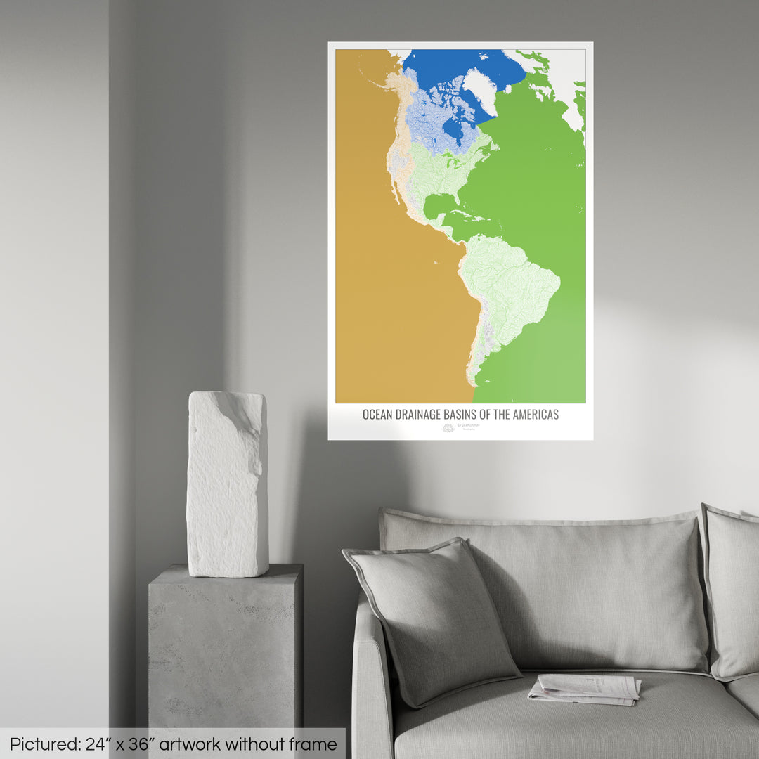 América - Mapa de la cuenca hidrográfica del océano, blanco v2 - Impresión fotográfica