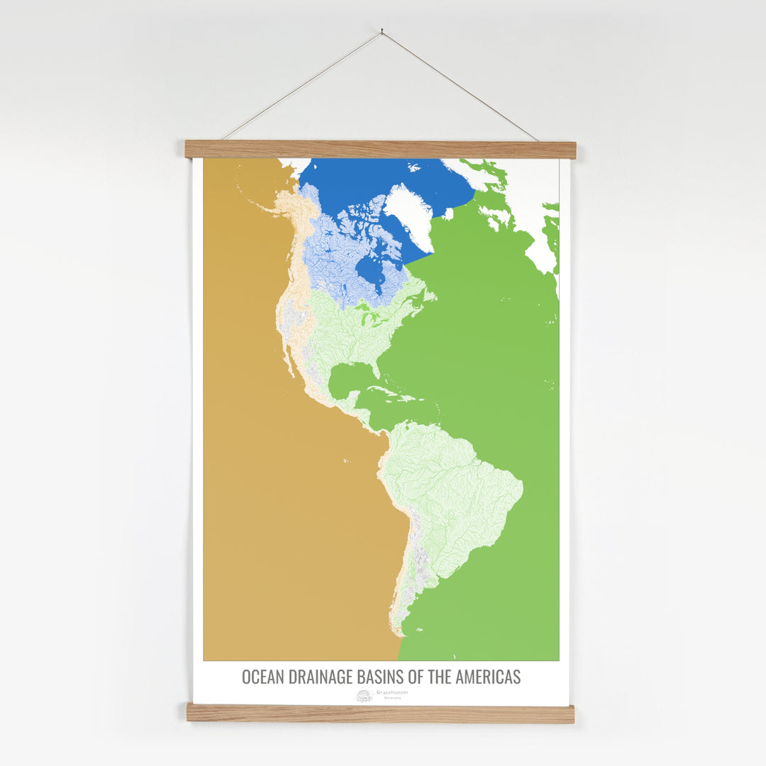 Les Amériques - Carte des bassins versants océaniques, blanc v2 - Tirage d'art avec cintre