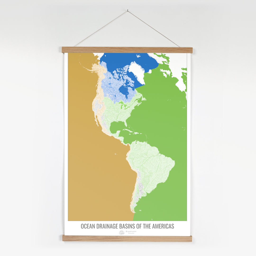 América - Mapa de la cuenca hidrográfica del océano, blanco v2 - Impresión artística con colgador