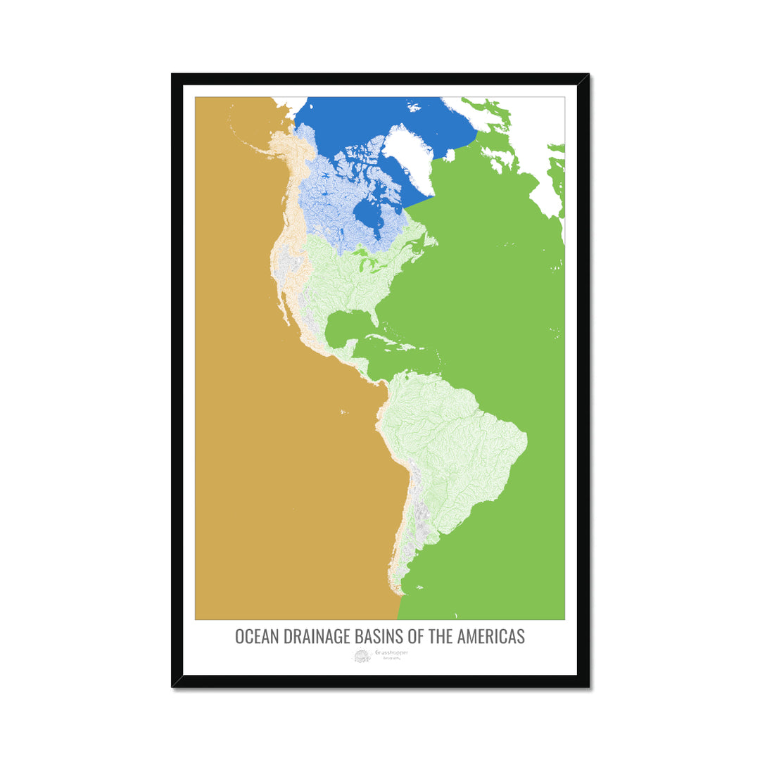 Les Amériques - Carte des bassins versants océaniques, blanc v2 - Impression encadrée