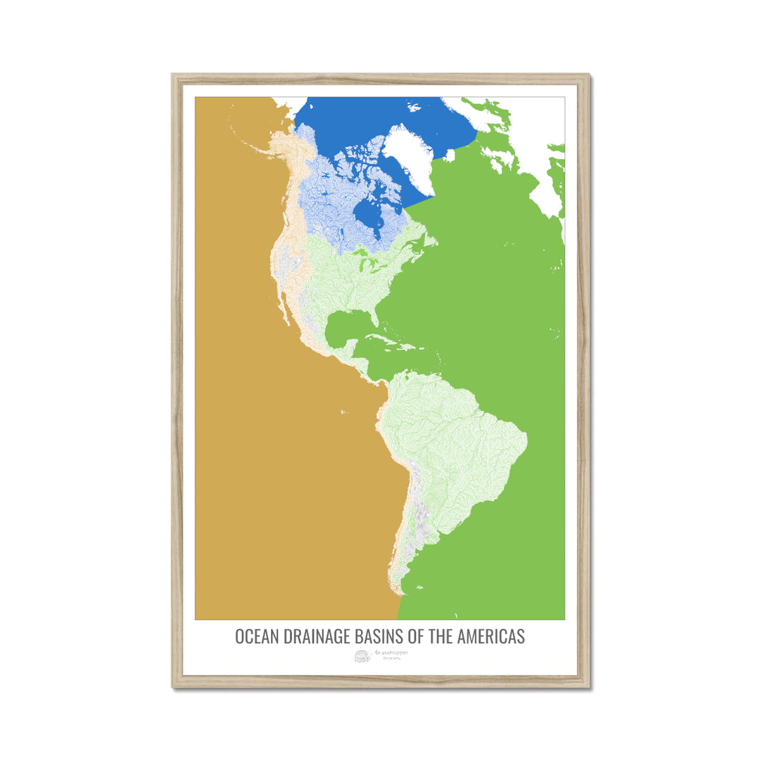 Les Amériques - Carte des bassins versants océaniques, blanc v2 - Impression encadrée
