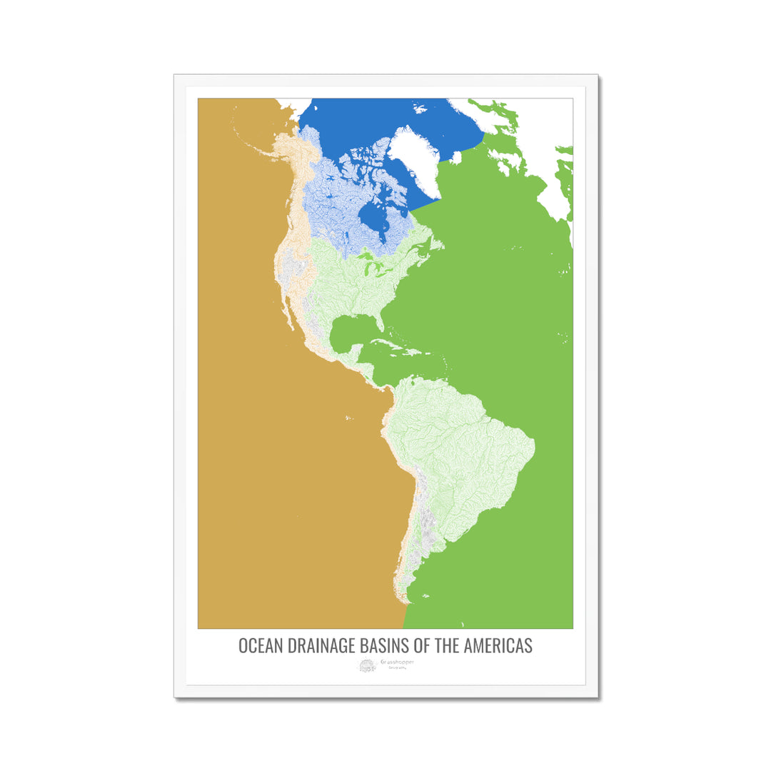 América - Mapa de la cuenca de drenaje oceánico, blanco v2 - Lámina enmarcada