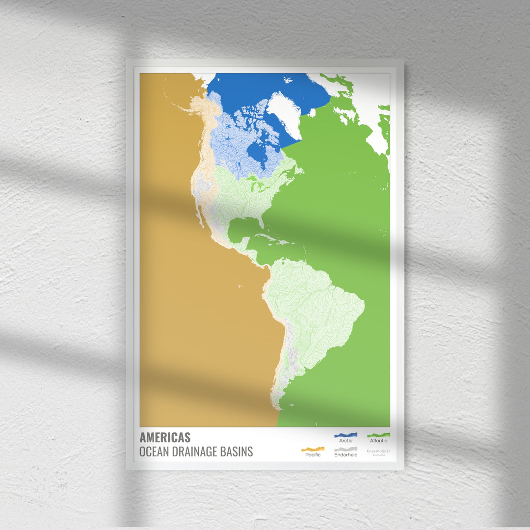 Les Amériques - Carte des bassins hydrographiques océaniques, blanche avec légende v2 - Photo Art Print